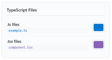 Screenshot of Azure DevOps PR File Colors extension popup, showing settings for typescipt and tsx files with custom colours.