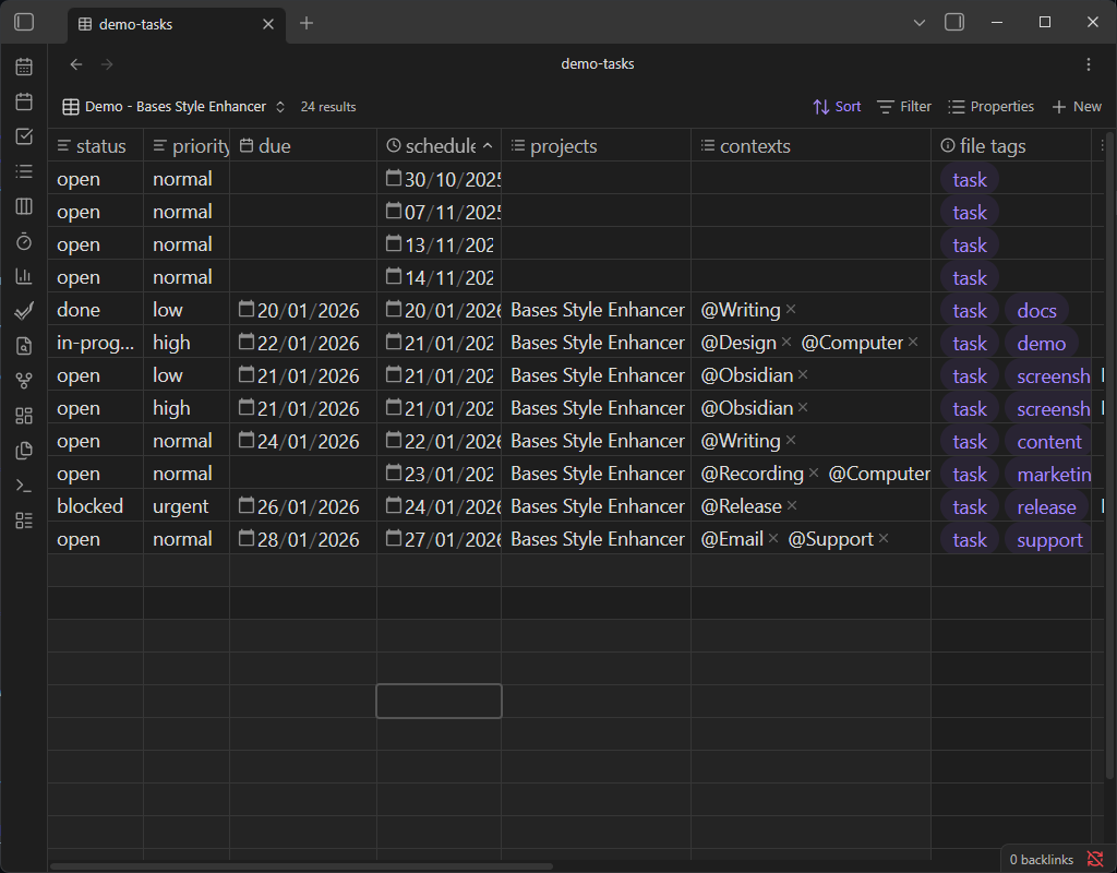 Bases table view in Obsidian after setting Bases Style Enhancer font size to 1.25rem.