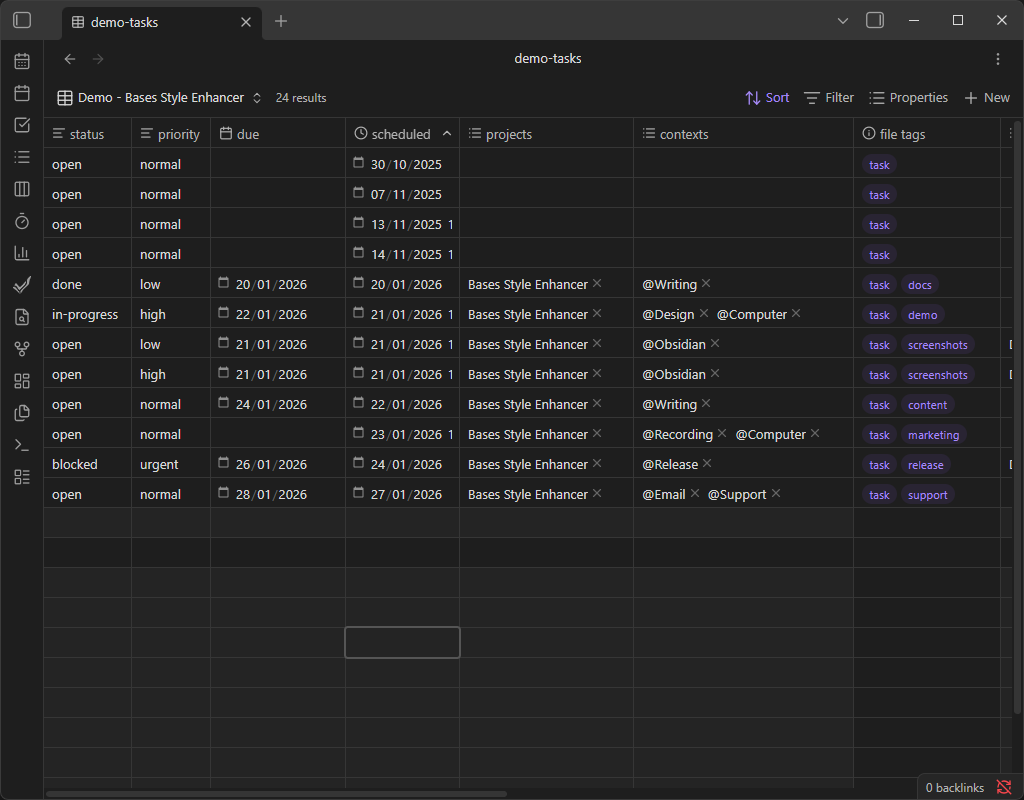 Bases table view in Obsidian before applying Bases Style Enhancer, using the default font size.